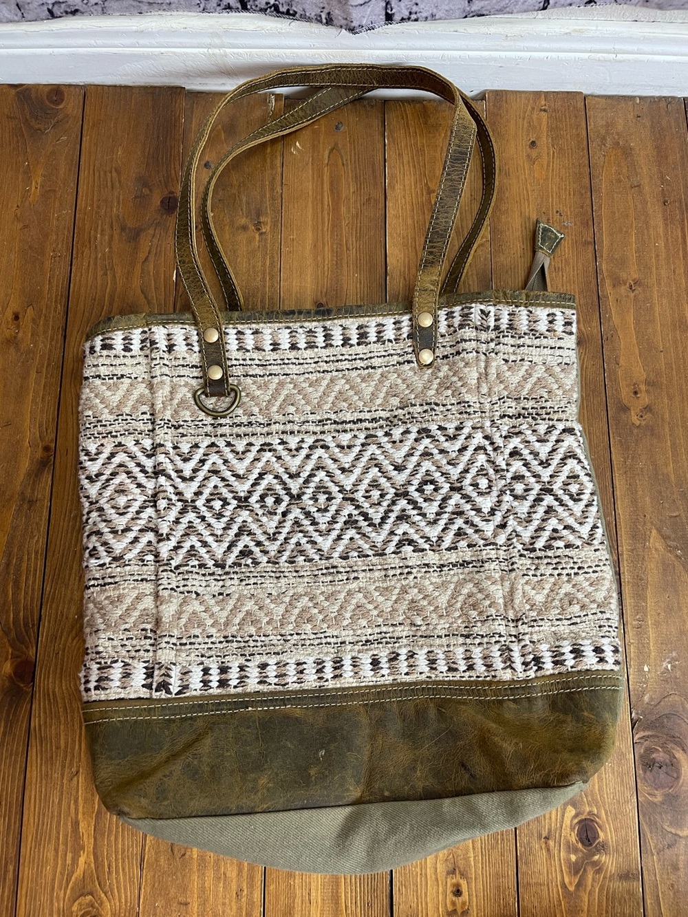 Myra Bag zippered tote bag woven Aztec print leather trim